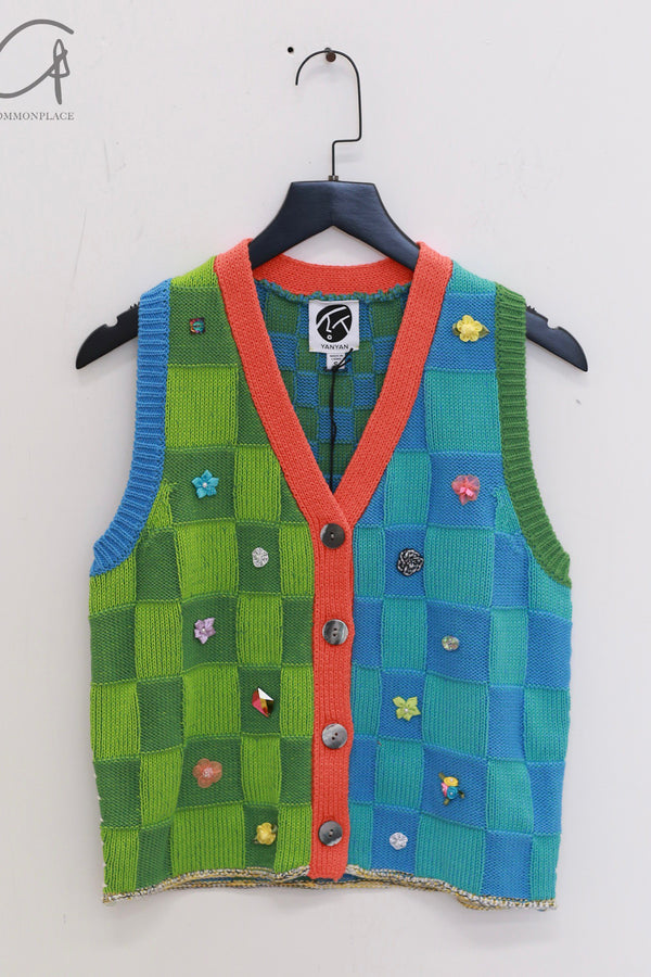 YANYAN KNITS 25 Spring/Summer Embellished Plaid Vest YYK-YYW25-0061-LL Blue-Green